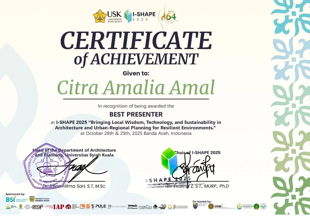 Dosen Arsitektur Unismuh Raih Penghargaan Best Presenter di I-SHAPE 2025 Banda Aceh
