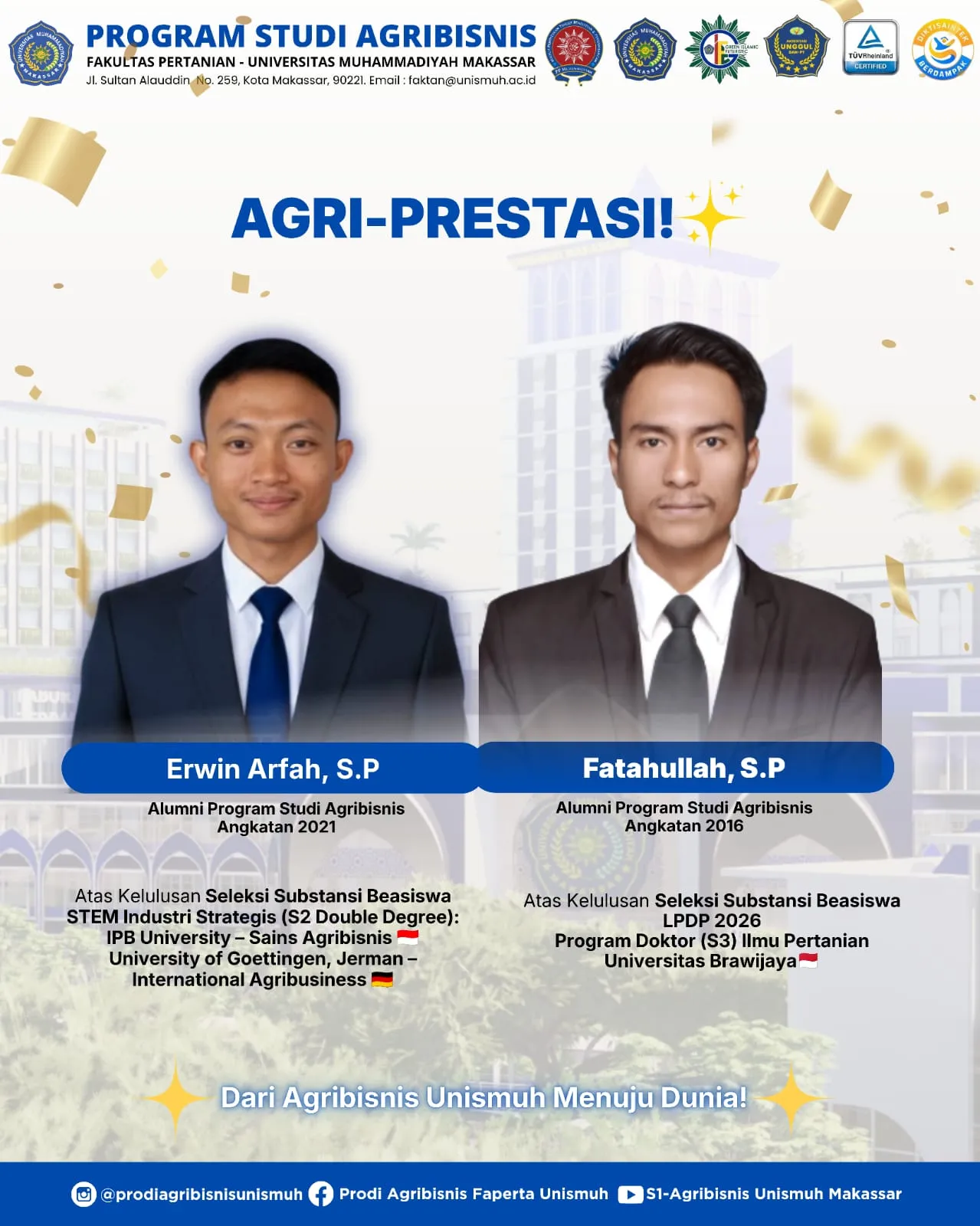 Dua Alumni Agribisnis Unismuh Lolos Beasiswa Magister IPB-Jerman dan Doktoral Universitas Brawijaya